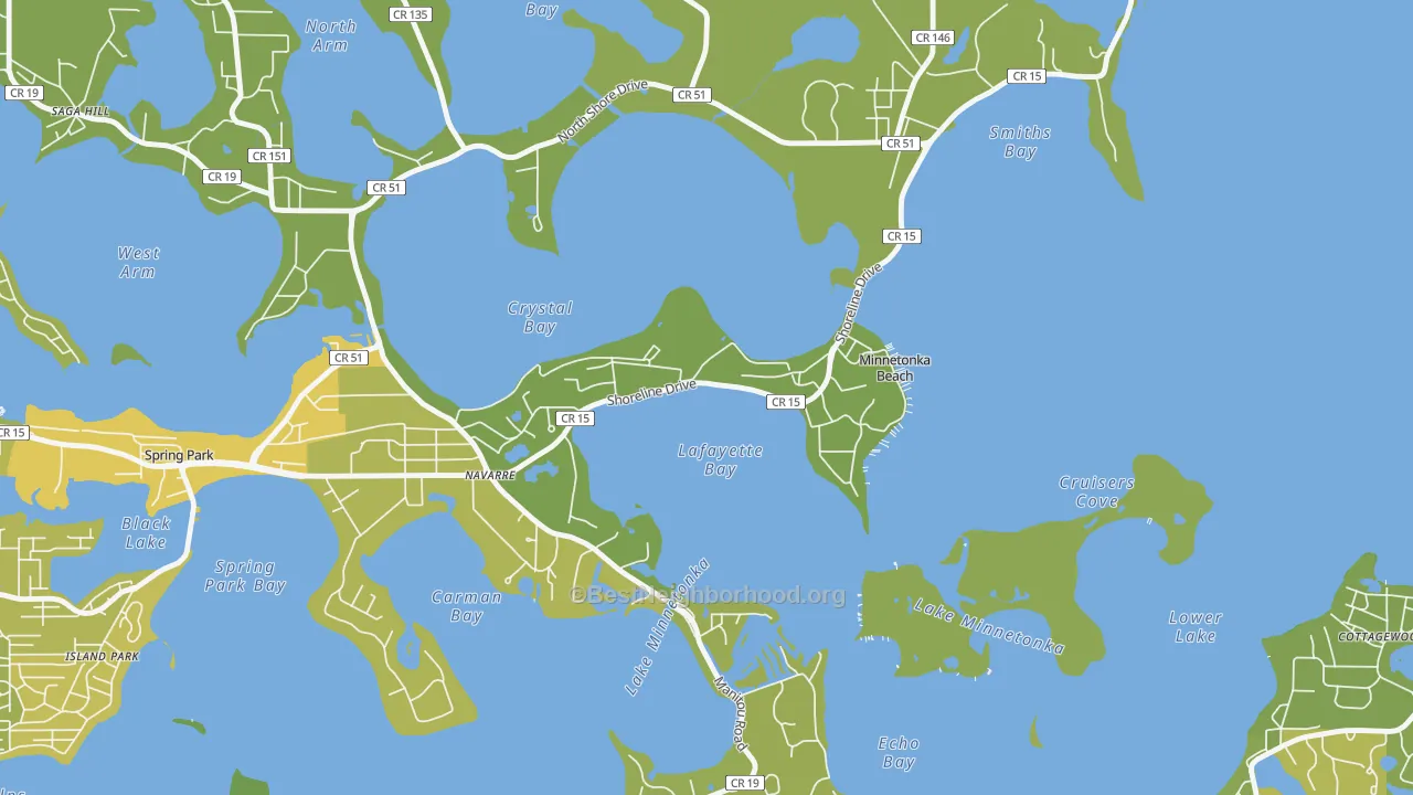 Map of the best neighborhoods in the Minnetonka Beach area, with better matches in green and worse matches in red