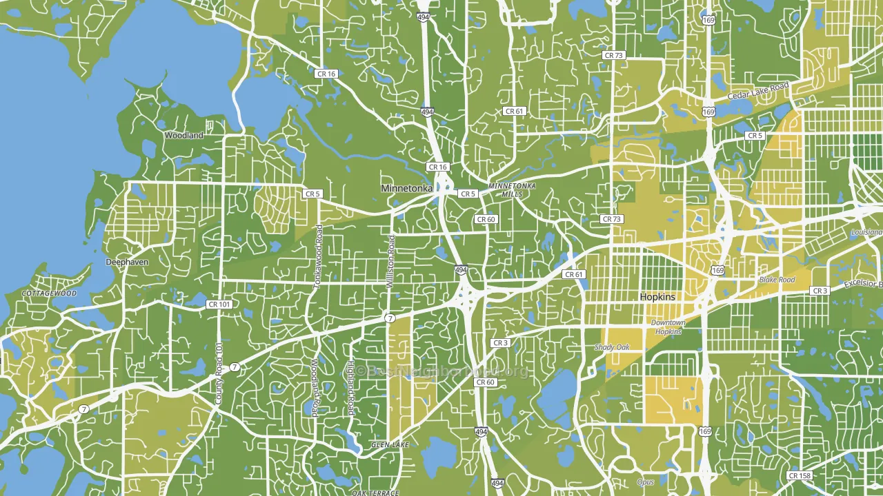 Map of the best neighborhoods in the Minnetonka area, with better matches in green and worse matches in red