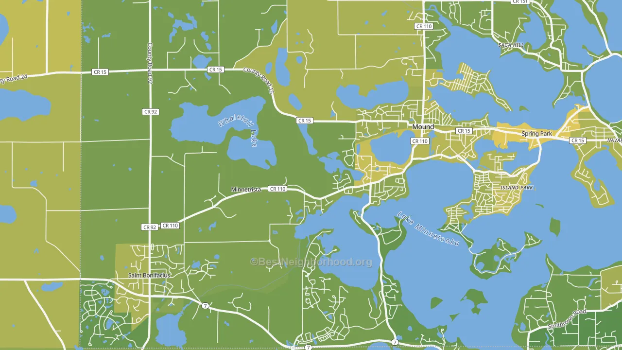 Map of the best neighborhoods in the Minnetrista area, with better matches in green and worse matches in red