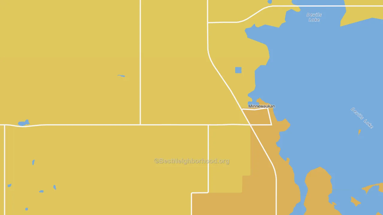 Map of the best neighborhoods in the Minnewaukan area, with better matches in green and worse matches in red