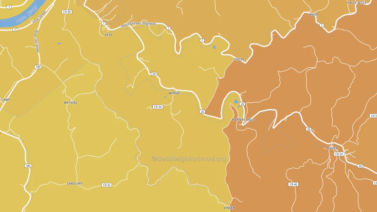 Map of the best neighborhoods in the Minnie area, with better matches in green and worse matches in red