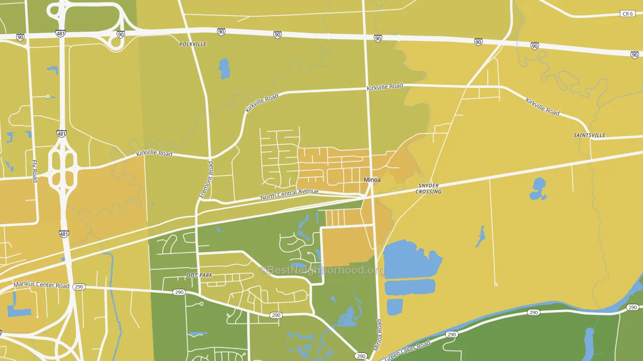 Map of the best neighborhoods in the Minoa area, with better matches in green and worse matches in red
