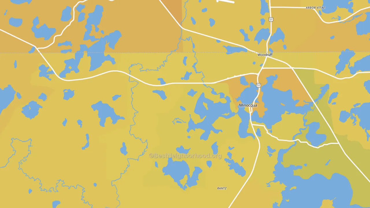 Map of the best neighborhoods in the Minocqua area, with better matches in green and worse matches in red