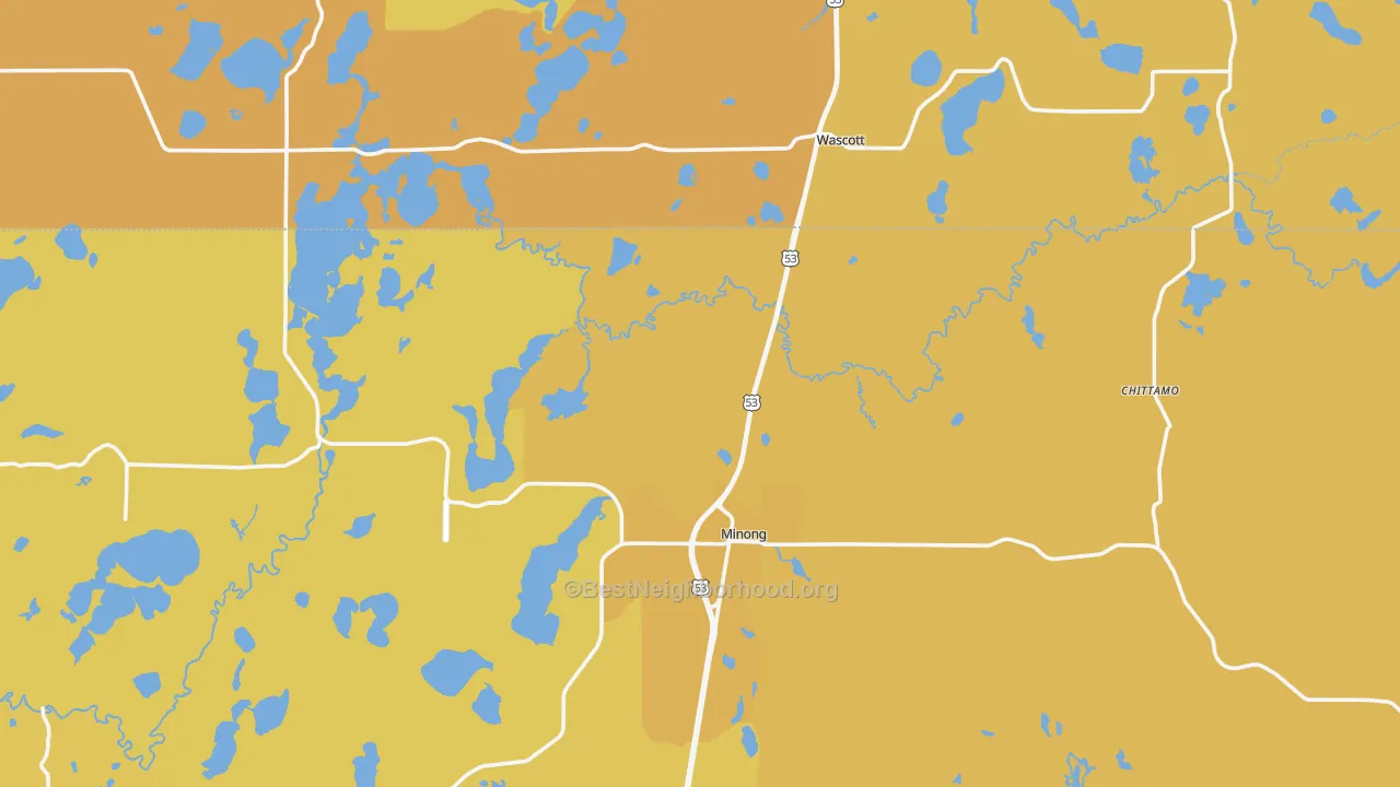 Map of the best neighborhoods in the Minong area, with better matches in green and worse matches in red