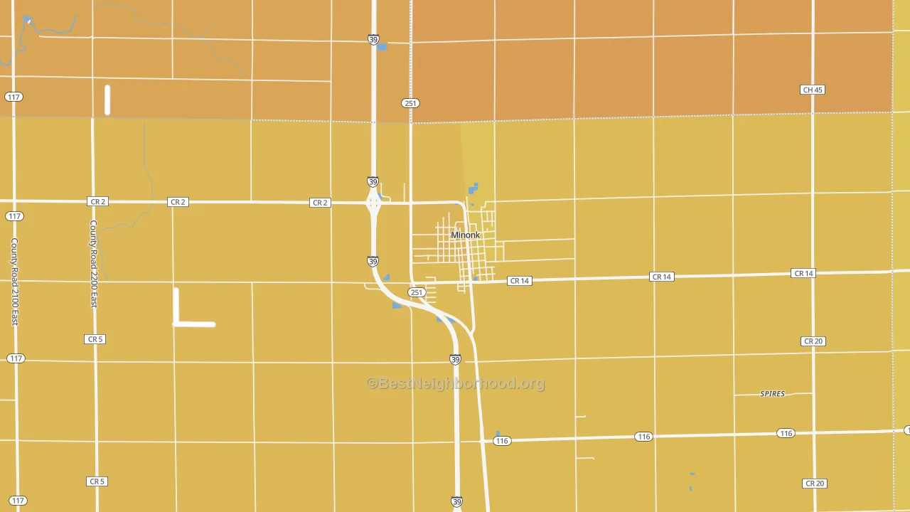 Map of the best neighborhoods in the Minonk area, with better matches in green and worse matches in red