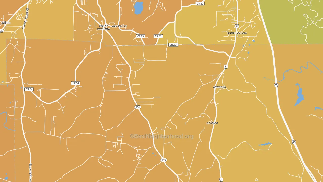 Map of the best neighborhoods in the Minooka area, with better matches in green and worse matches in red