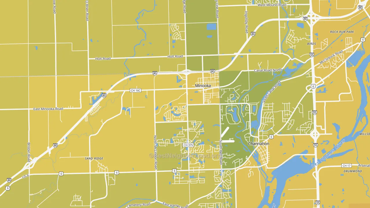 Map of the best neighborhoods in the Minooka area, with better matches in green and worse matches in red