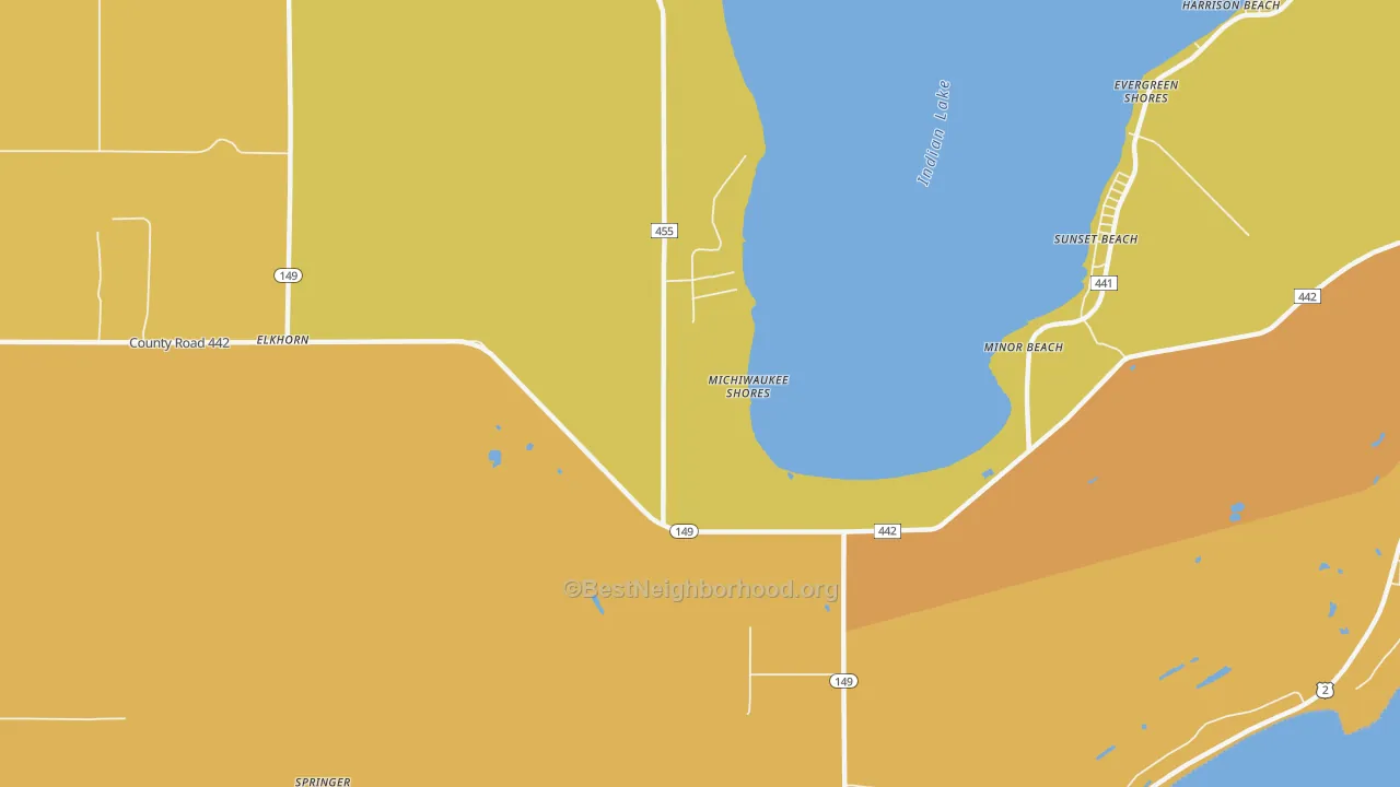 Map of the best neighborhoods in the Minor Beach area, with better matches in green and worse matches in red