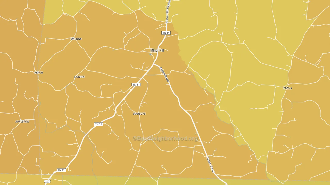 Map of the best neighborhoods in the Minor Hill area, with better matches in green and worse matches in red