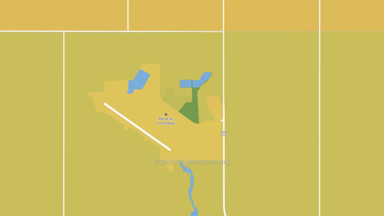 Map of the best neighborhoods in the Minot Afb area, with better matches in green and worse matches in red