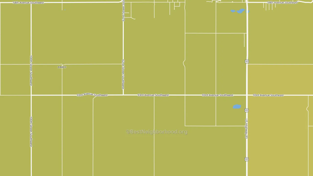 Map of the best neighborhoods in the Minot Air Force Base area, with better matches in green and worse matches in red