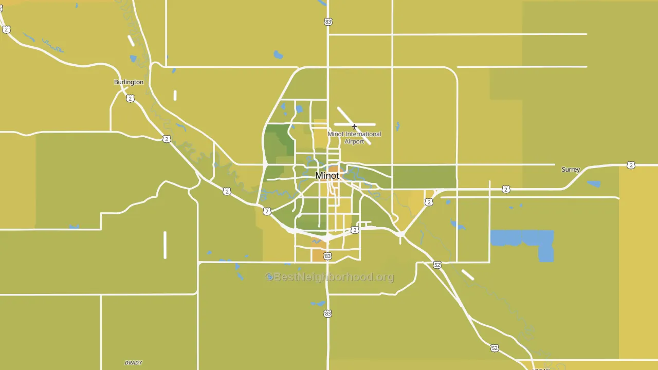 Map of the best neighborhoods in the Minot Metro area, with better matches in green and worse matches in red