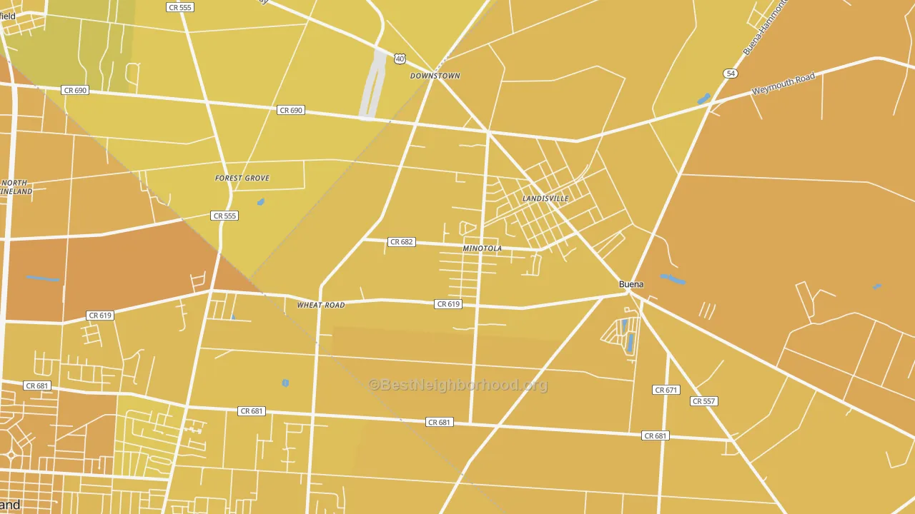 Map of the best neighborhoods in the Minotola area, with better matches in green and worse matches in red