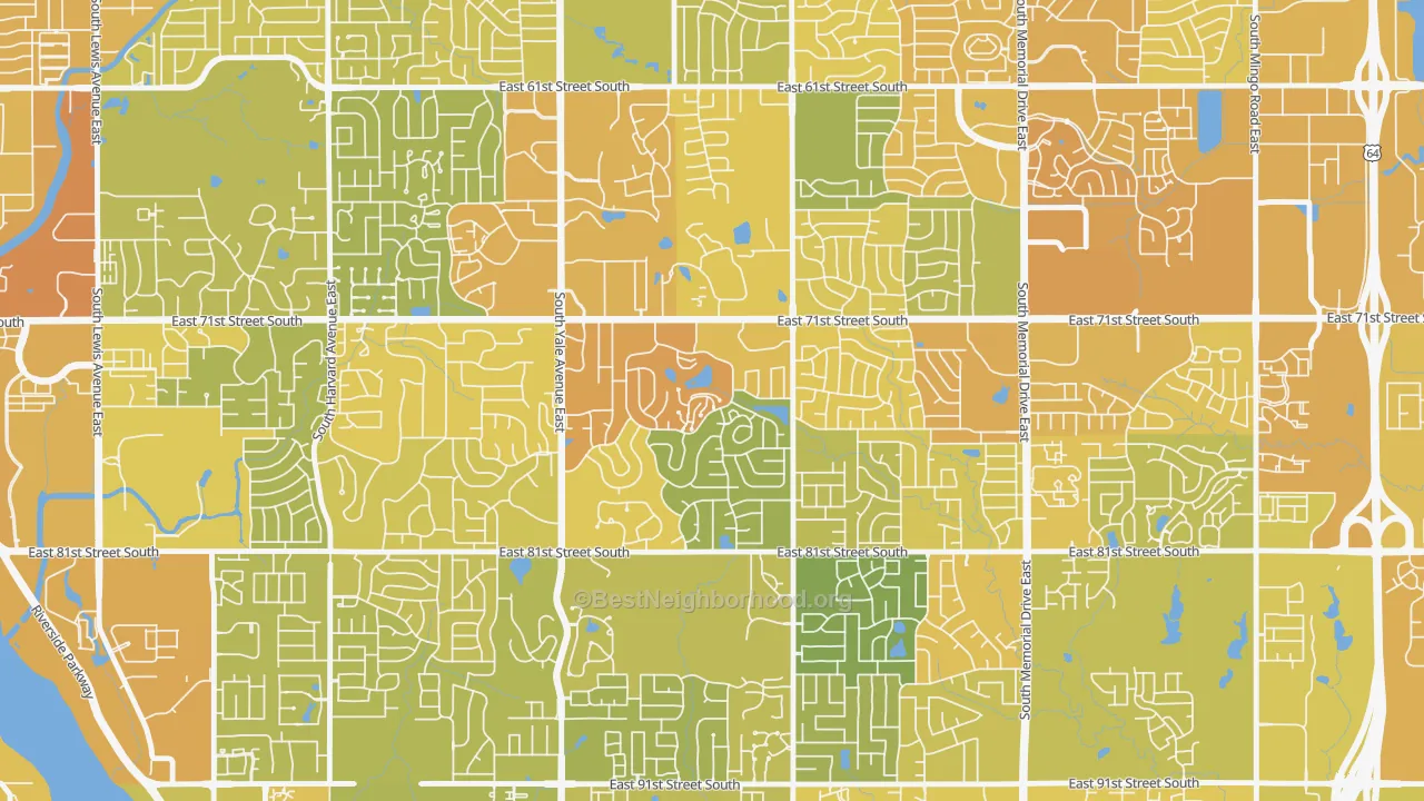 Map of the best neighborhoods in the Minshall Park, Tulsa area, with better matches in green and worse matches in red