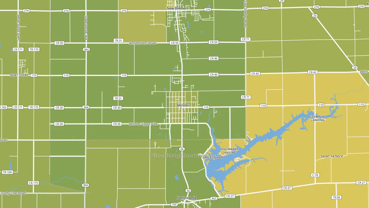 Map of the best neighborhoods in the Minster area, with better matches in green and worse matches in red