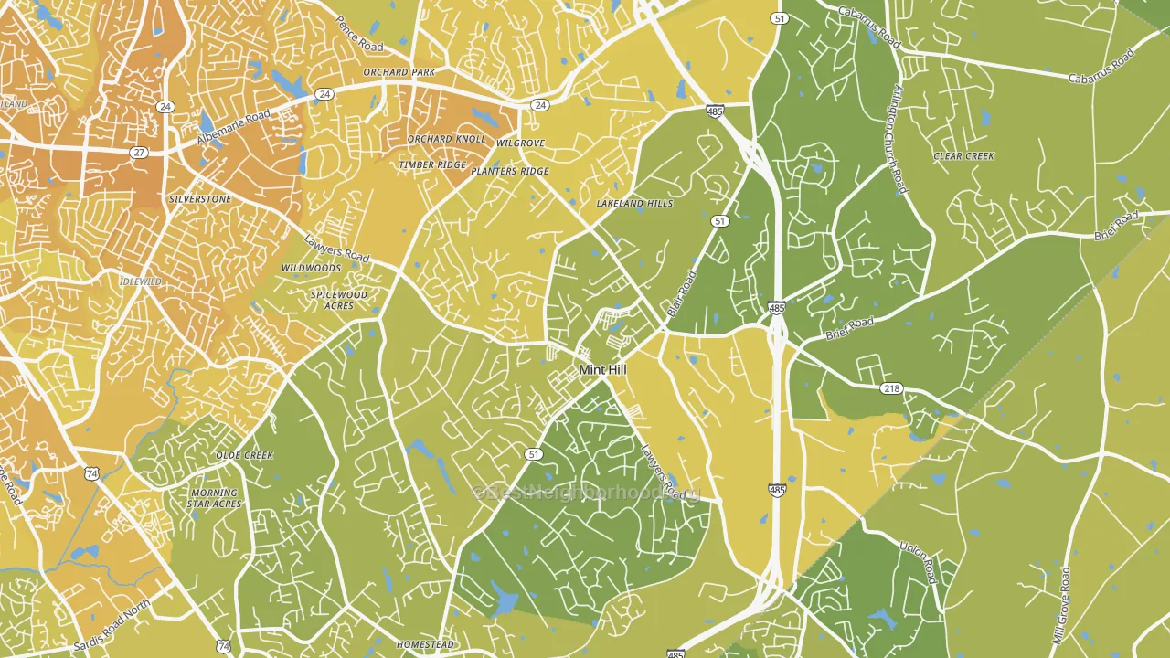 Map of the best neighborhoods in the Mint Hill area, with better matches in green and worse matches in red