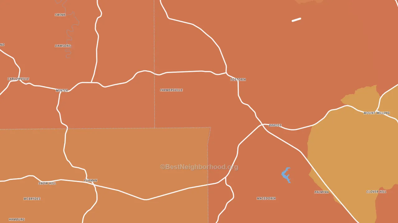 Map of the best neighborhoods in the Minter area, with better matches in green and worse matches in red
