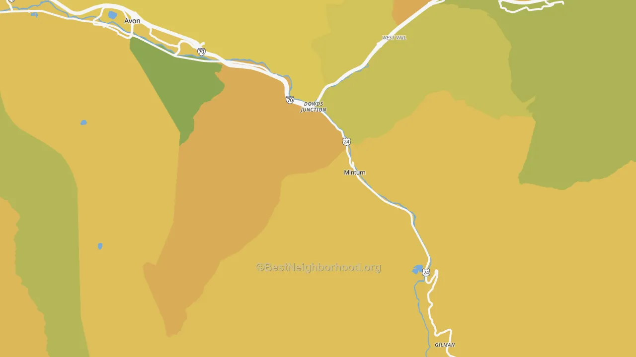Map of the best neighborhoods in the Minturn area, with better matches in green and worse matches in red