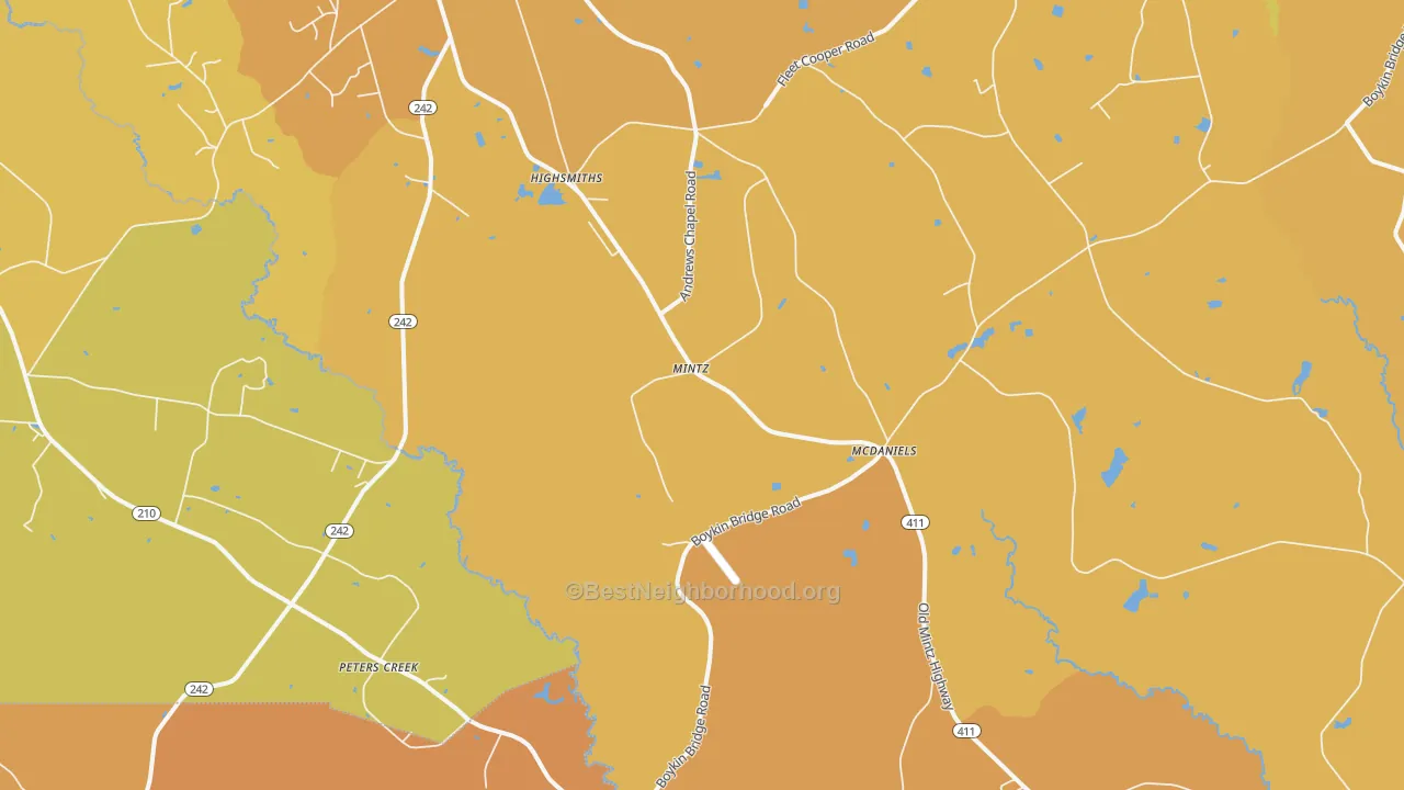 Map of the best neighborhoods in the Mintz area, with better matches in green and worse matches in red