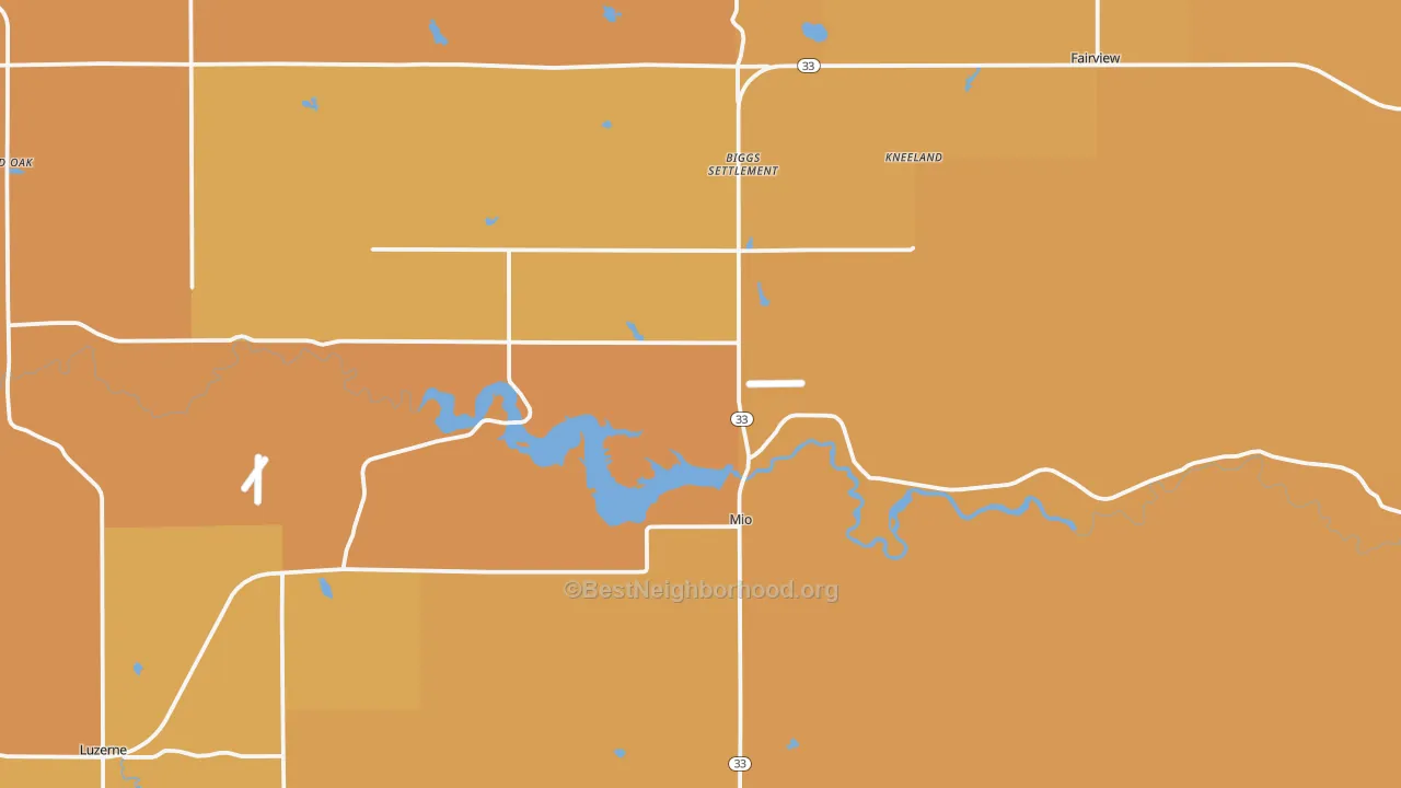 Map of the best neighborhoods in the Mio area, with better matches in green and worse matches in red