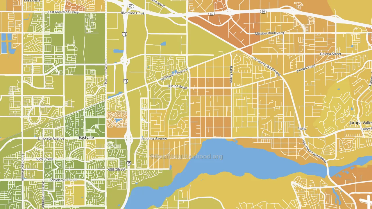 Map of the best neighborhoods in the Mira Loma area, with better matches in green and worse matches in red