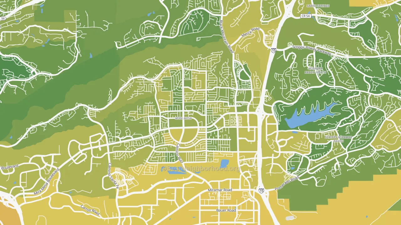 Map of the best neighborhoods in the Mira Mesa, San Diego area, with better matches in green and worse matches in red
