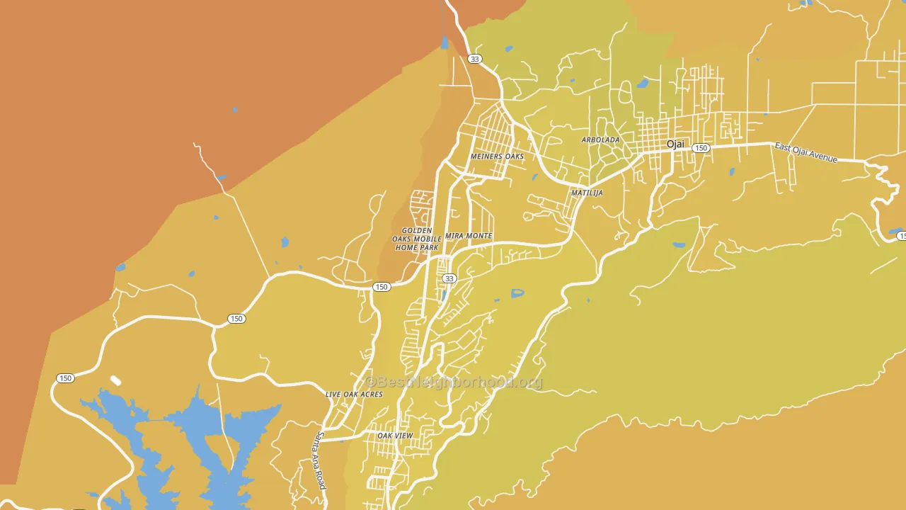 Map of the best neighborhoods in the Mira Monte area, with better matches in green and worse matches in red