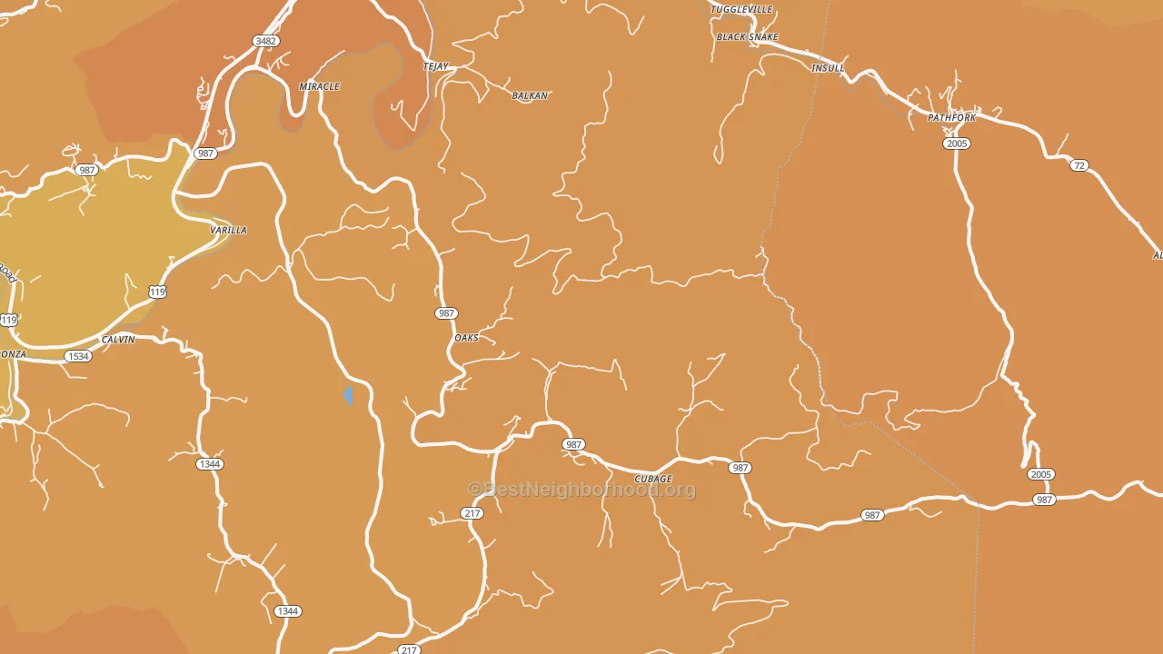 Map of the best neighborhoods in the Miracle area, with better matches in green and worse matches in red