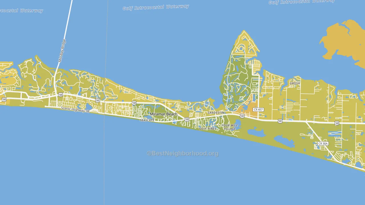 Map of the best neighborhoods in the Miramar Beach area, with better matches in green and worse matches in red