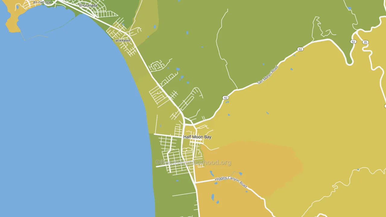 Map of the best neighborhoods in the Miramar area, with better matches in green and worse matches in red
