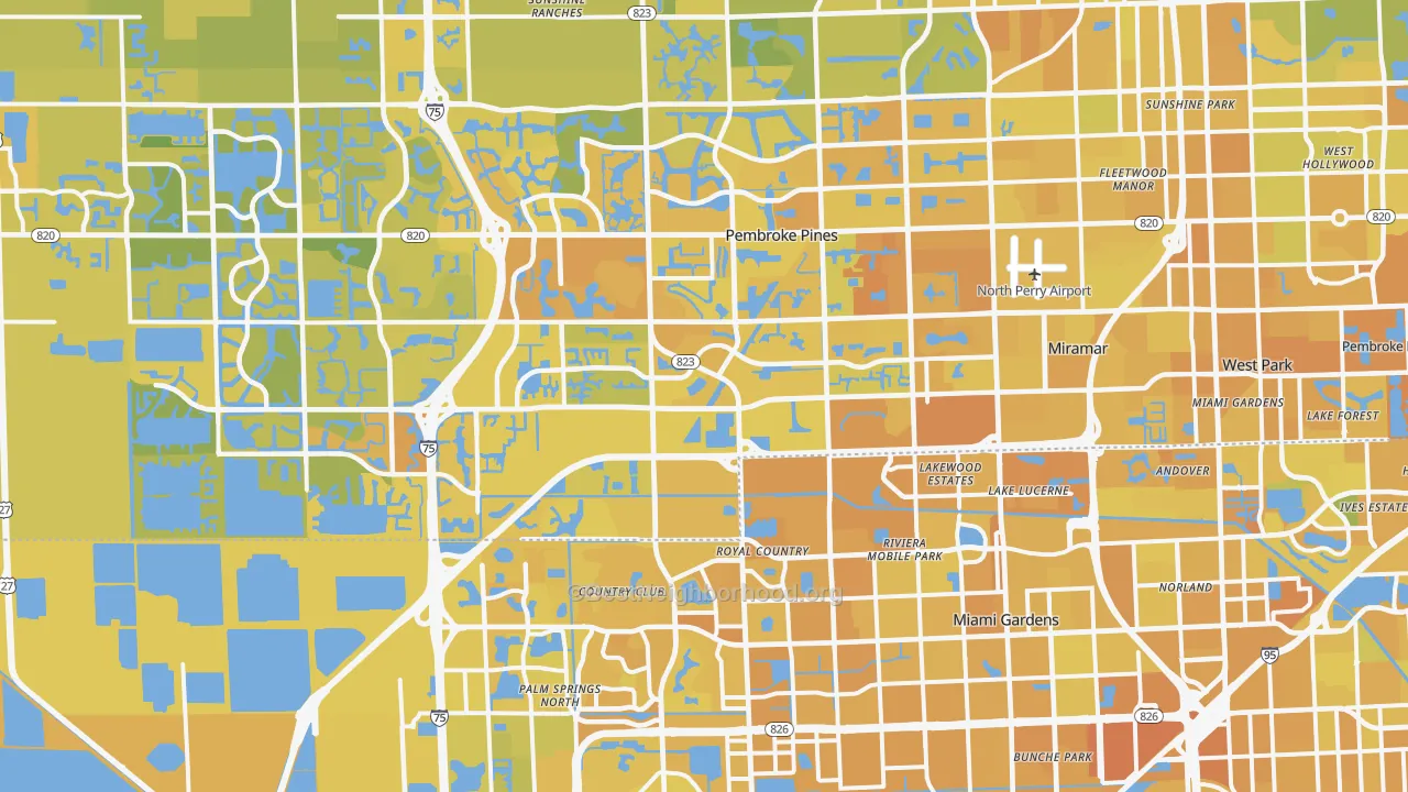 Map of the best neighborhoods in the Miramar area, with better matches in green and worse matches in red
