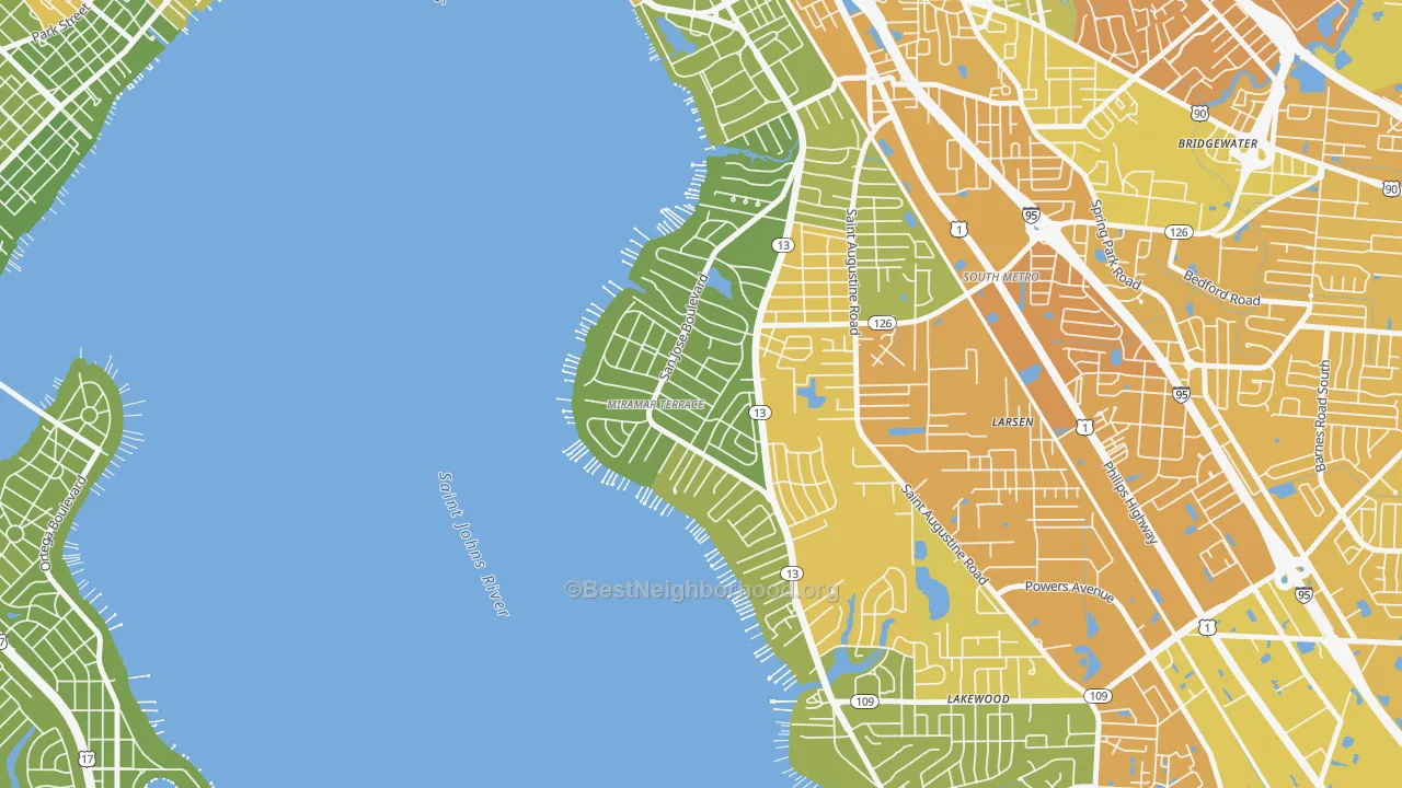 Map of the best neighborhoods in the Miramar, Jacksonville area, with better matches in green and worse matches in red