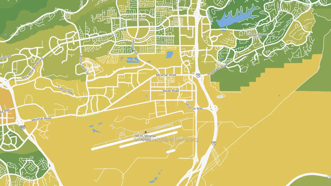 Map of the best neighborhoods in the Miramar, San Diego area, with better matches in green and worse matches in red
