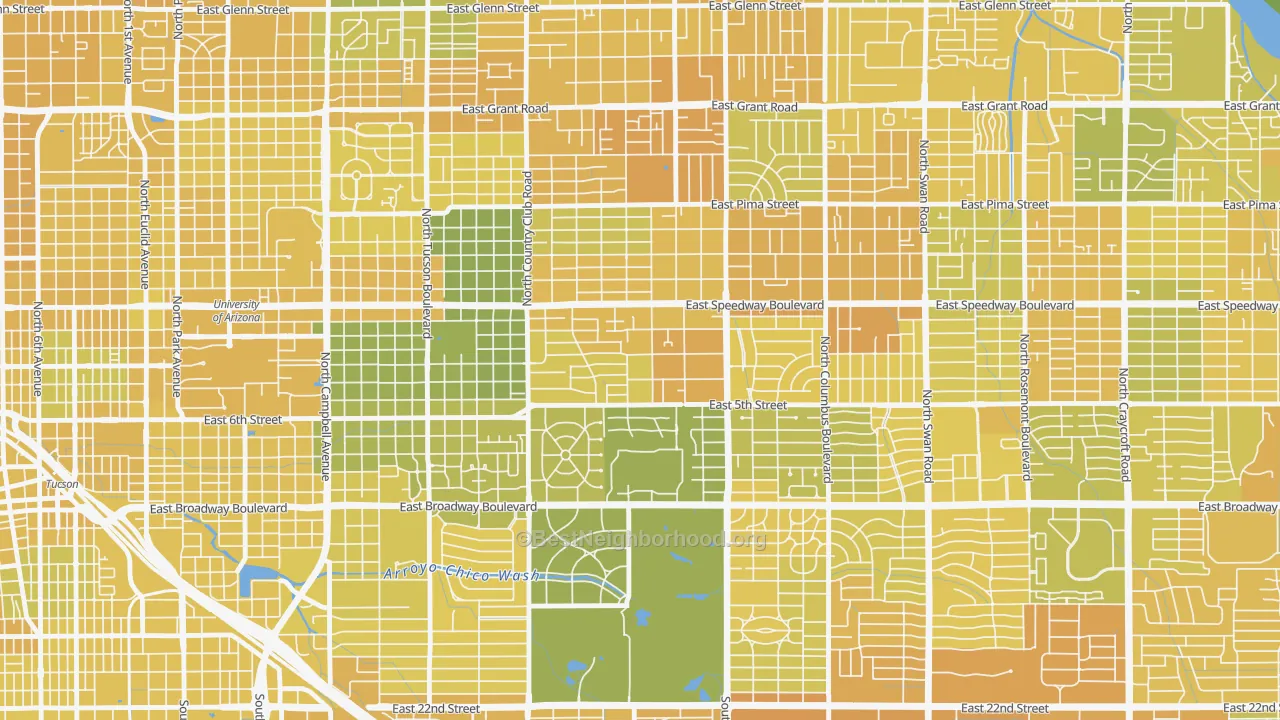 Map of the best neighborhoods in the Miramonte, Tucson area, with better matches in green and worse matches in red