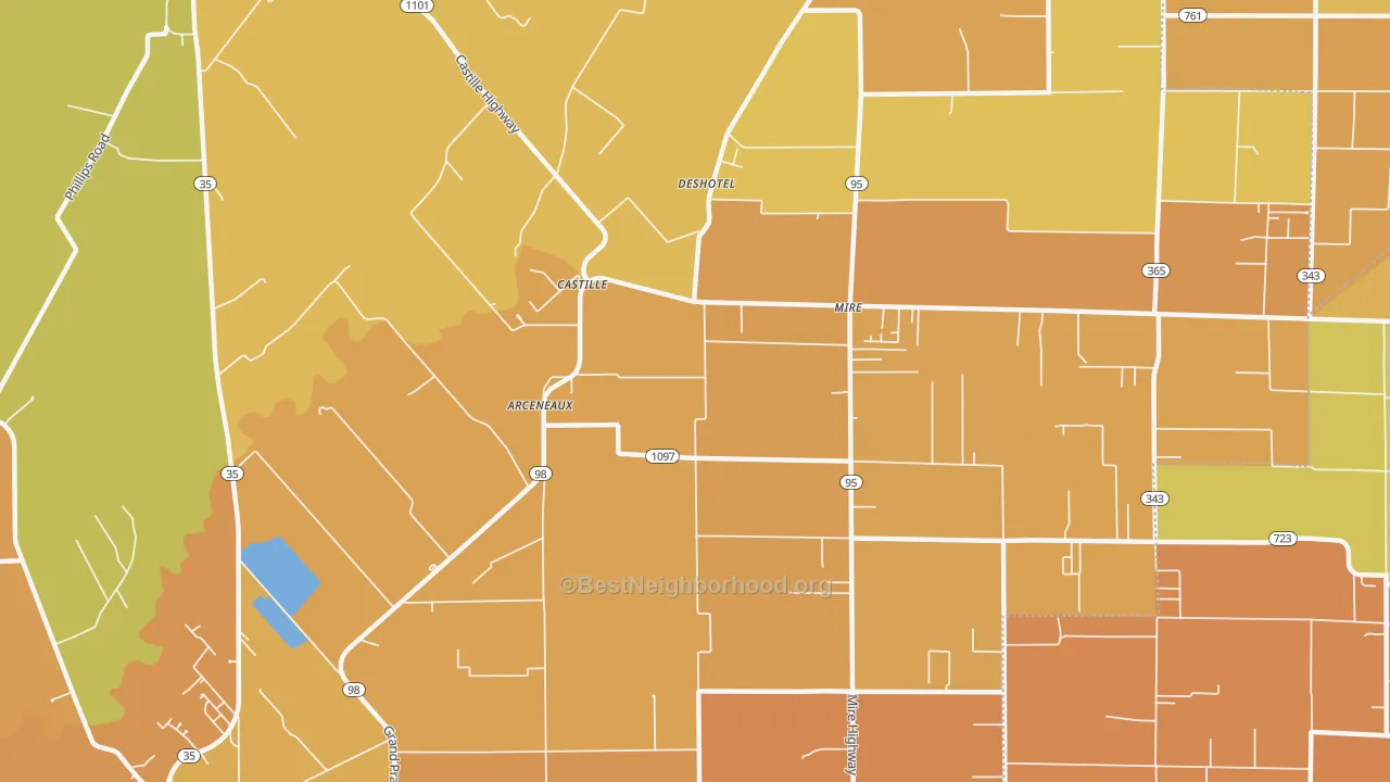 Map of the best neighborhoods in the Mire area, with better matches in green and worse matches in red