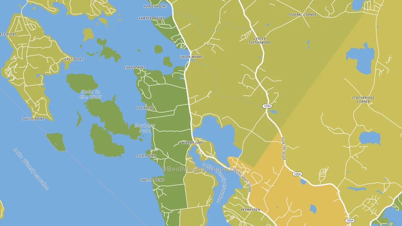 Map of the best neighborhoods in the Mirror Lake area, with better matches in green and worse matches in red