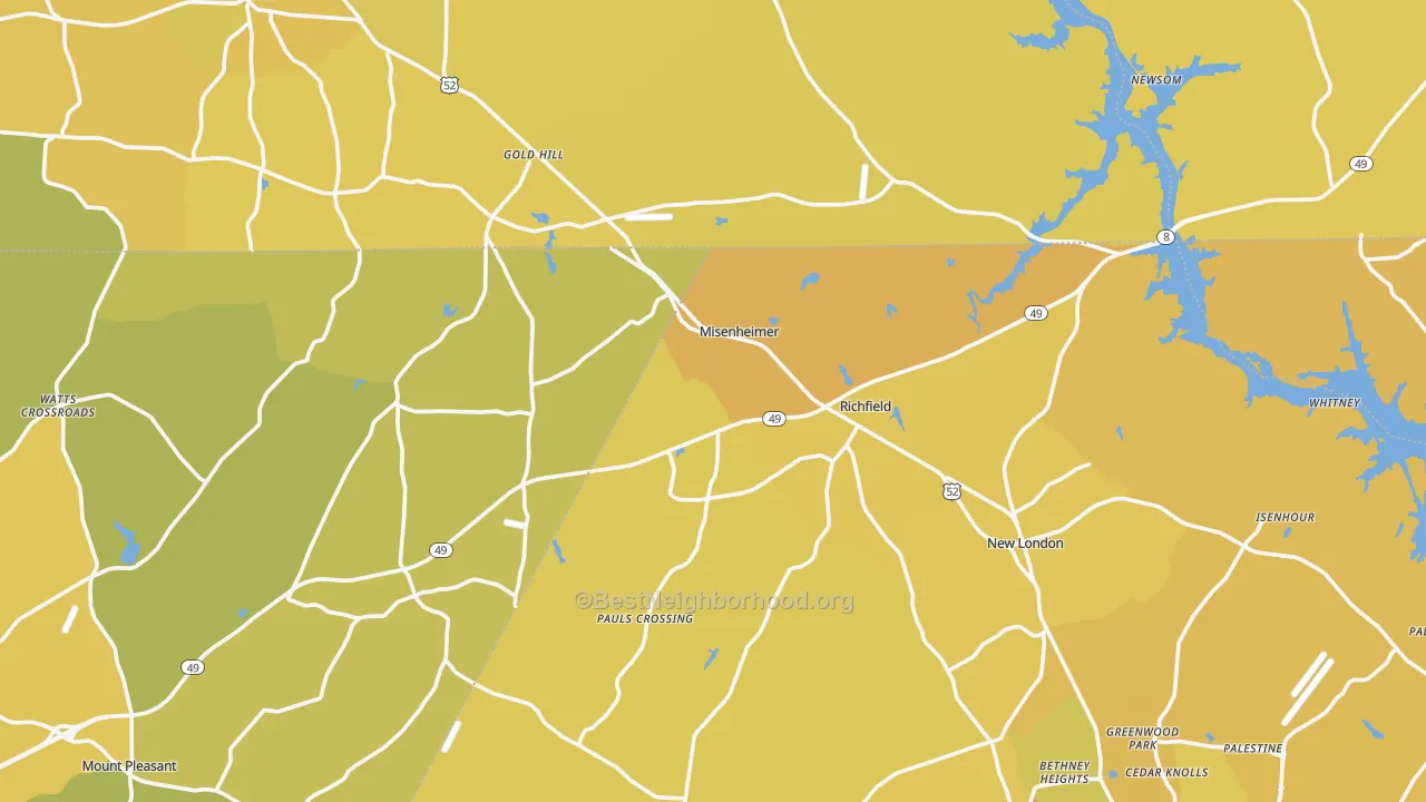 Map of the best neighborhoods in the Misenheimer area, with better matches in green and worse matches in red