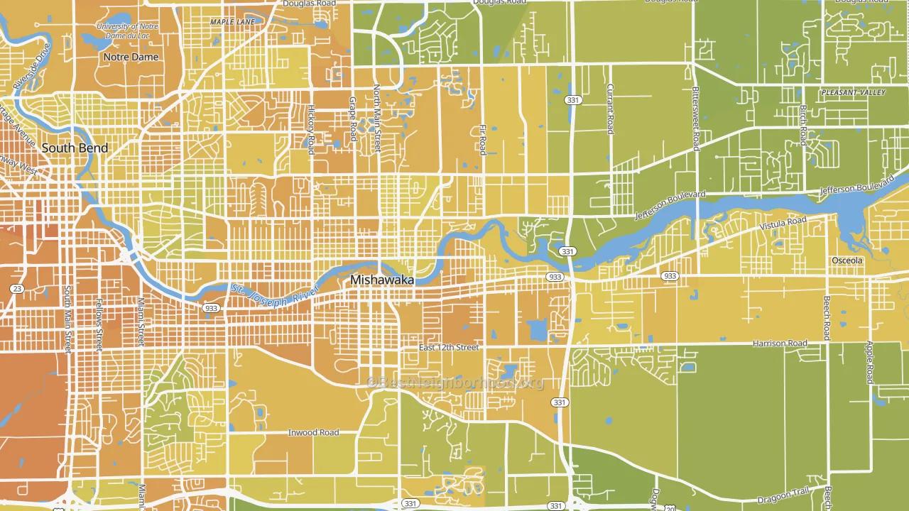 Map of the best neighborhoods in the Mishawaka area, with better matches in green and worse matches in red