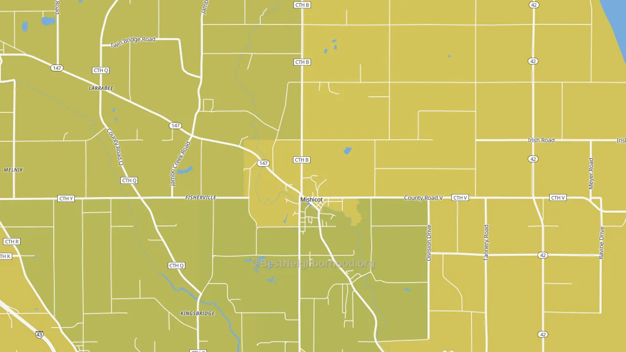 Map of the best neighborhoods in the Mishicot area, with better matches in green and worse matches in red