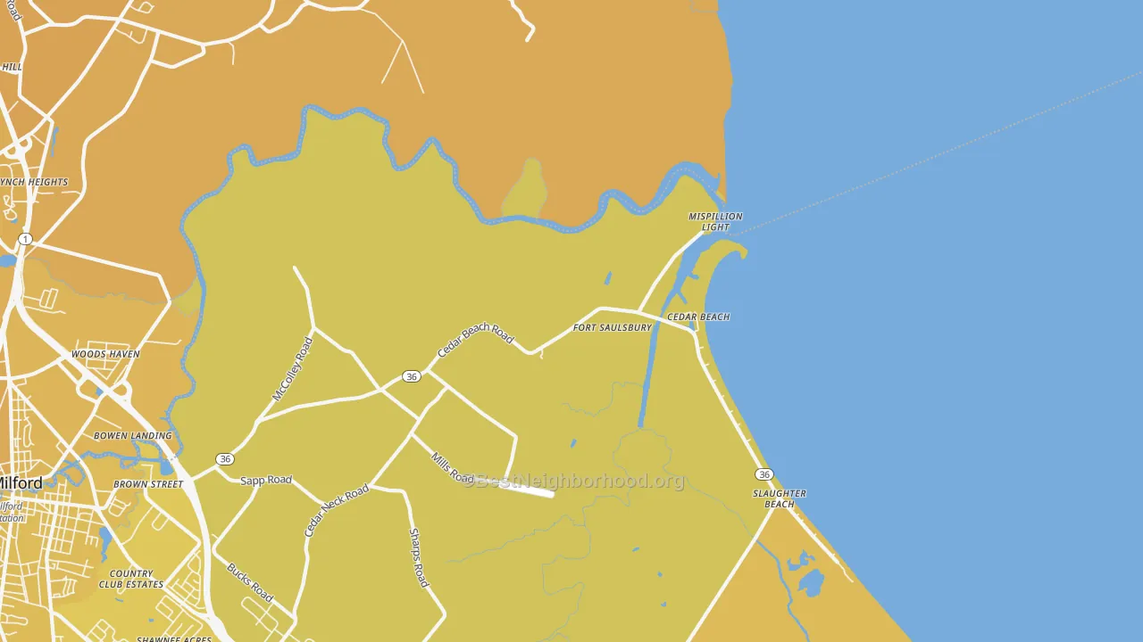 Map of the best neighborhoods in the Mispillion Light area, with better matches in green and worse matches in red