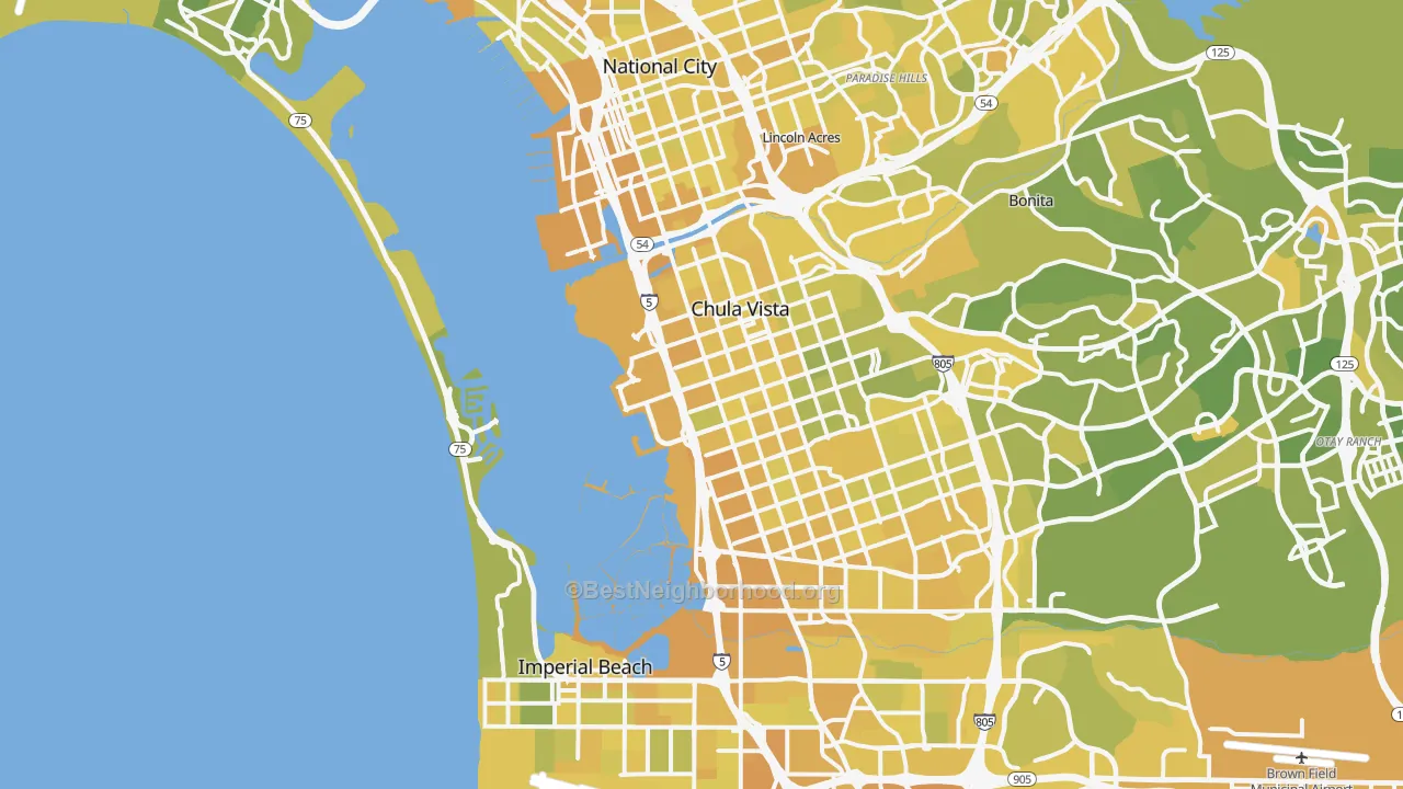 Map of the best neighborhoods in the Mission Bay, San Diego area, with better matches in green and worse matches in red