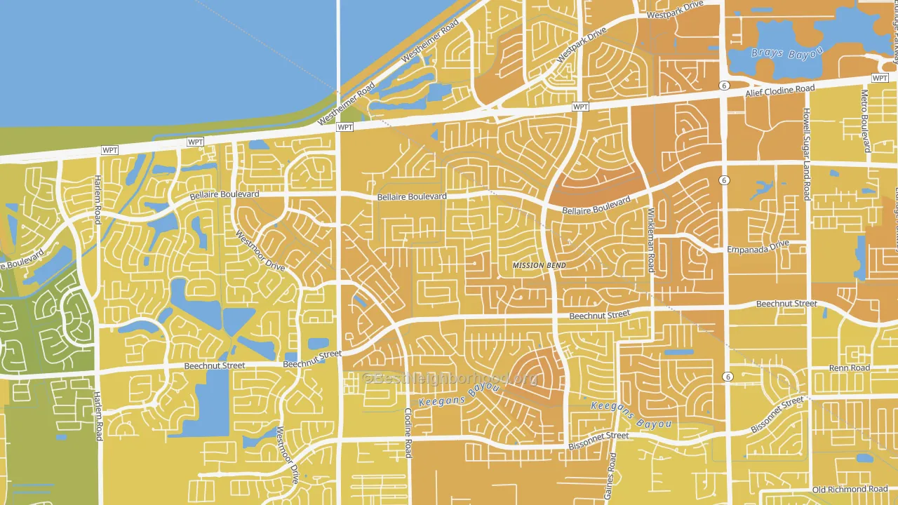 Map of the best neighborhoods in the Mission Bend South, Mission Bend area, with better matches in green and worse matches in red