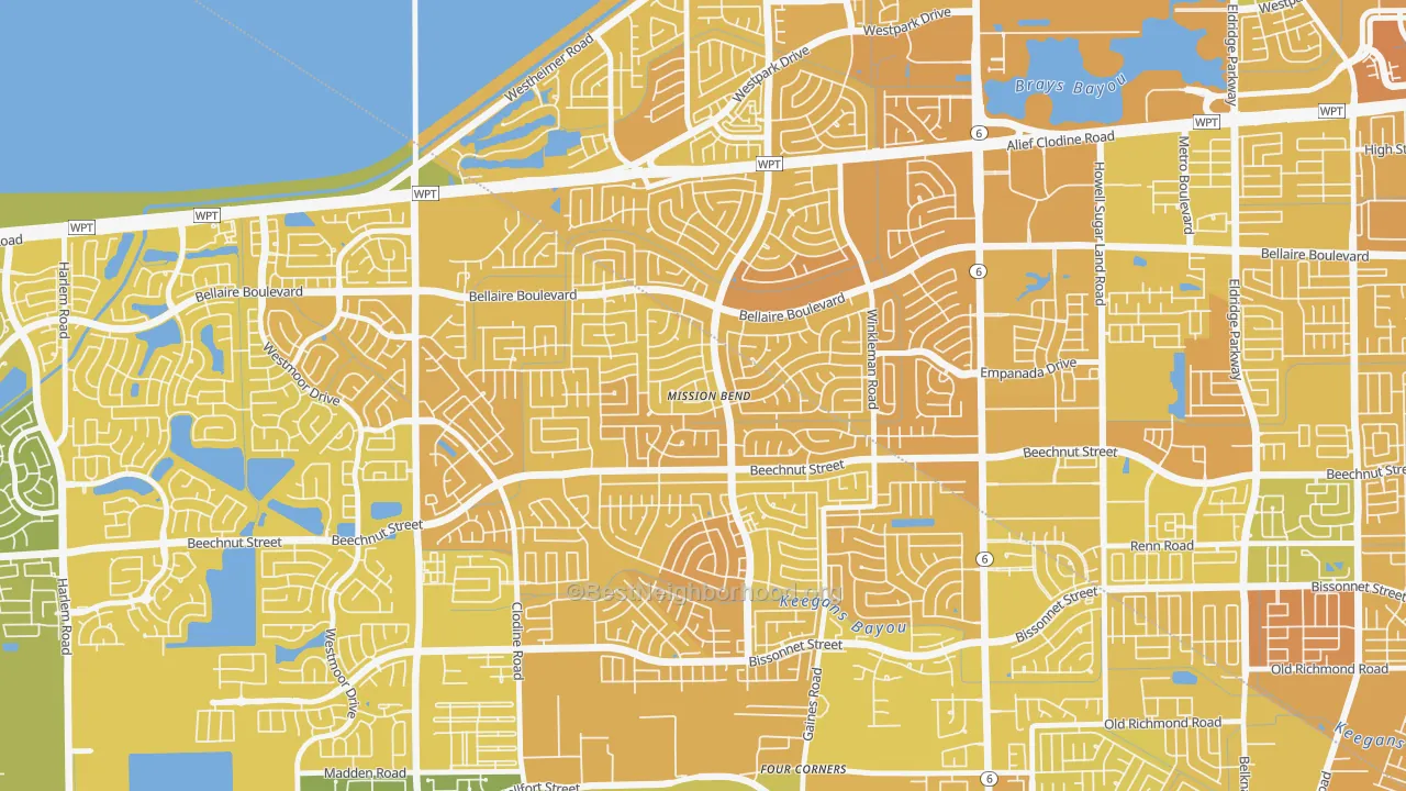 Map of the best neighborhoods in the Mission Bend area, with better matches in green and worse matches in red