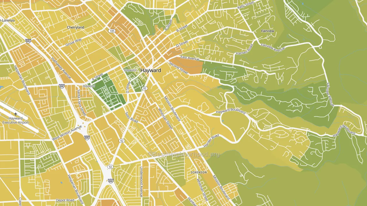 Map of the best neighborhoods in the Mission-Foothill, Hayward area, with better matches in green and worse matches in red