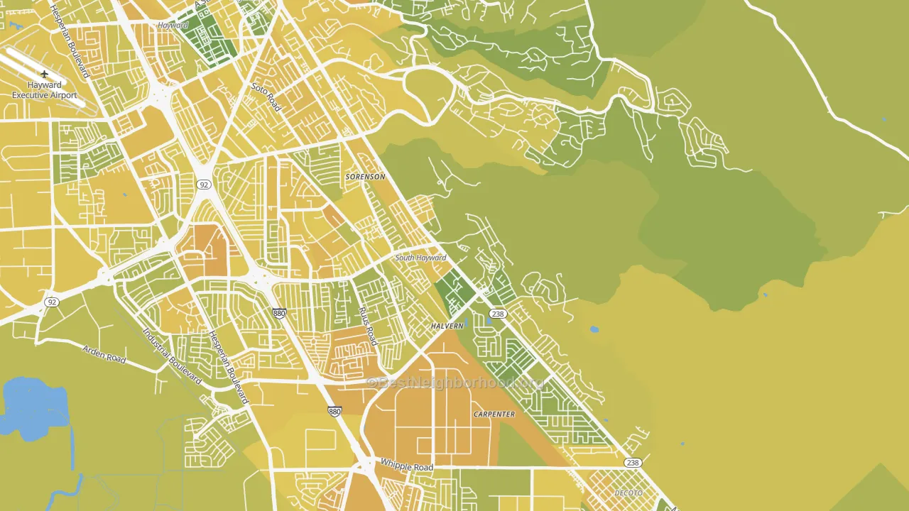 Map of the best neighborhoods in the Mission-Garin, Hayward area, with better matches in green and worse matches in red