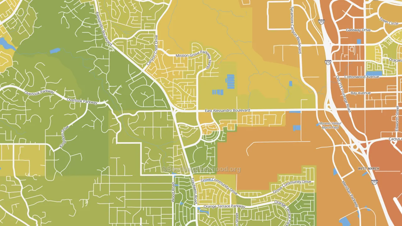 Map of the best neighborhoods in the Mission Grove, Riverside area, with better matches in green and worse matches in red