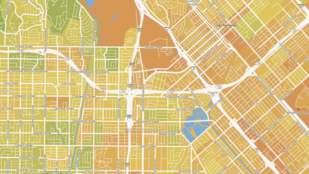 Map of the best neighborhoods in the Mission Hills area, with better matches in green and worse matches in red