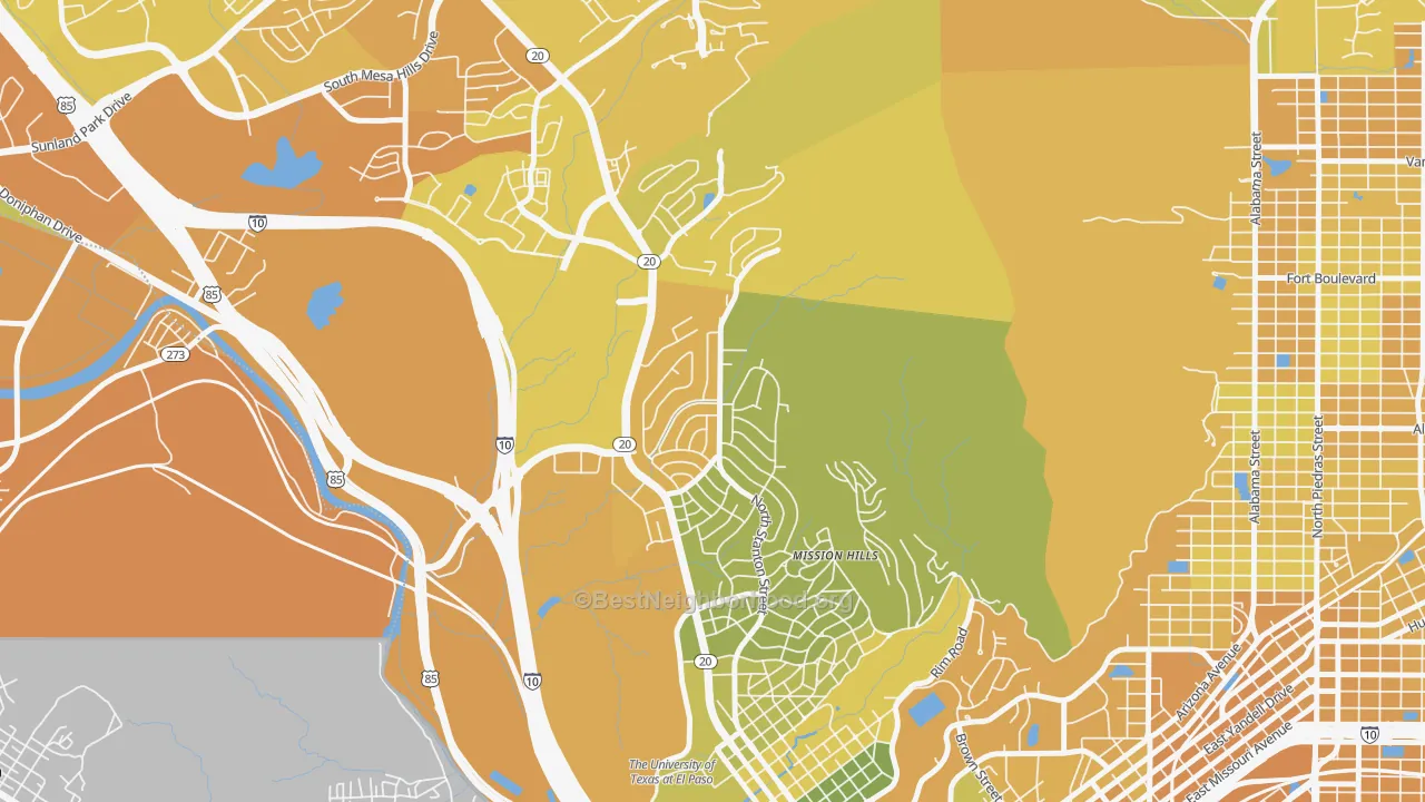 Map of the best neighborhoods in the Mission Hills, El Paso area, with better matches in green and worse matches in red