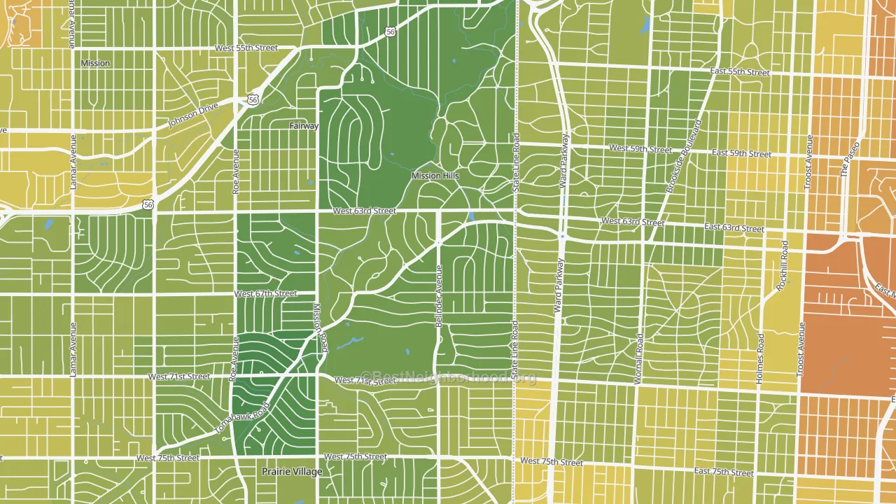 Map of the best neighborhoods in the Mission Hills area, with better matches in green and worse matches in red