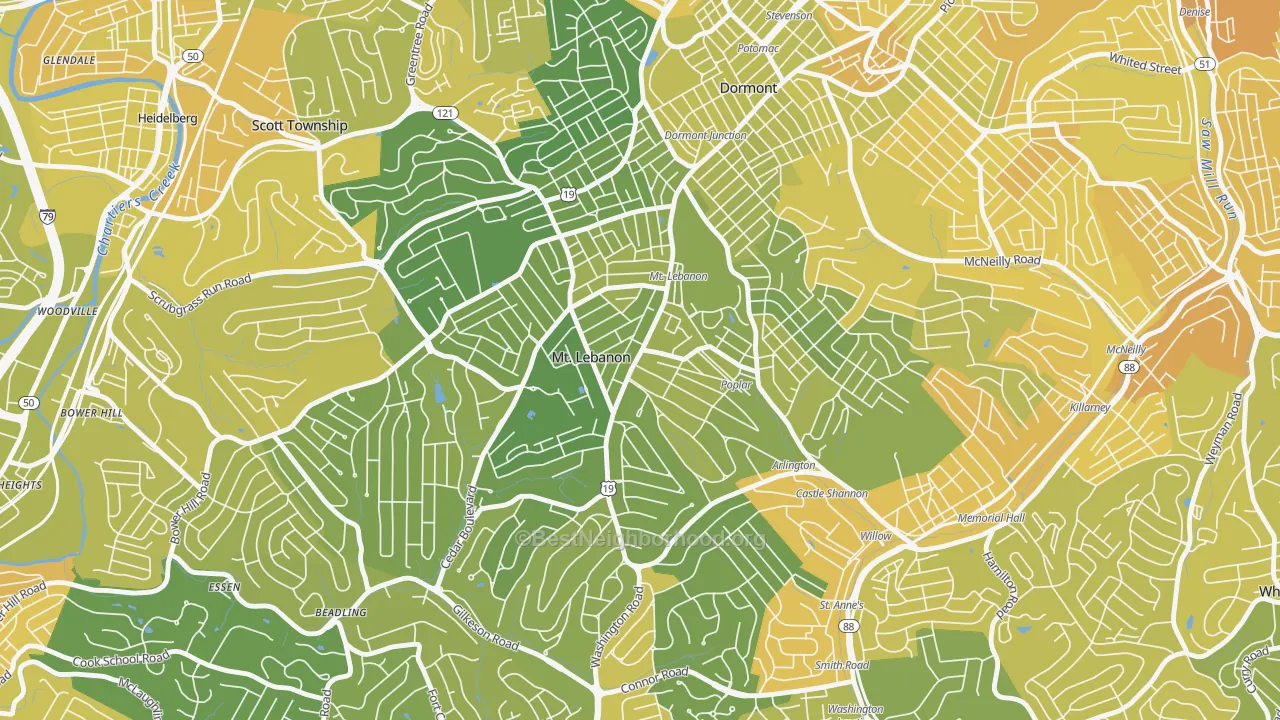 Map of the best neighborhoods in the Mission Hills, Pittsburgh area, with better matches in green and worse matches in red